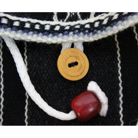 Peruvian Woven Backpack Native Inca Llama Black White Drawstring Pocket Lined